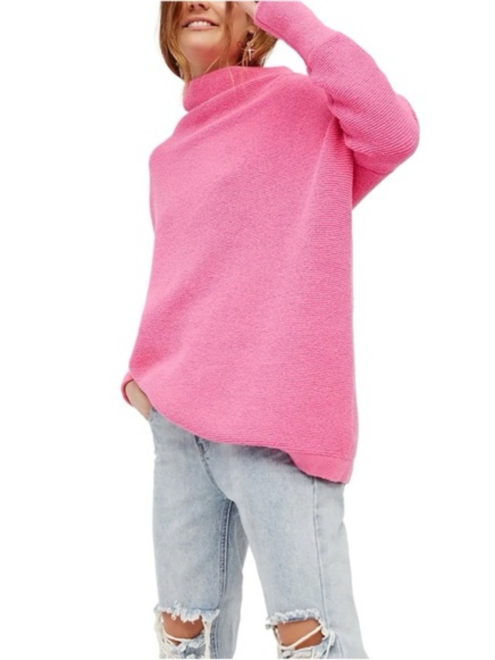 Free People Ottoman Slouchy Ribbed Mock Neck Sweater Pink Medium